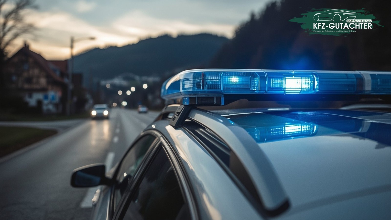 Symbolbild: Blaulicht in der Morgendämmerung KI-generiertes Symbolbild: eingeschaltetes Blaulicht auf dem Dach eines Polizeifahrzeugs in der Morgendämmerung, unscharf dahinter eine Kleinstadtstraße im Kinzigtal
