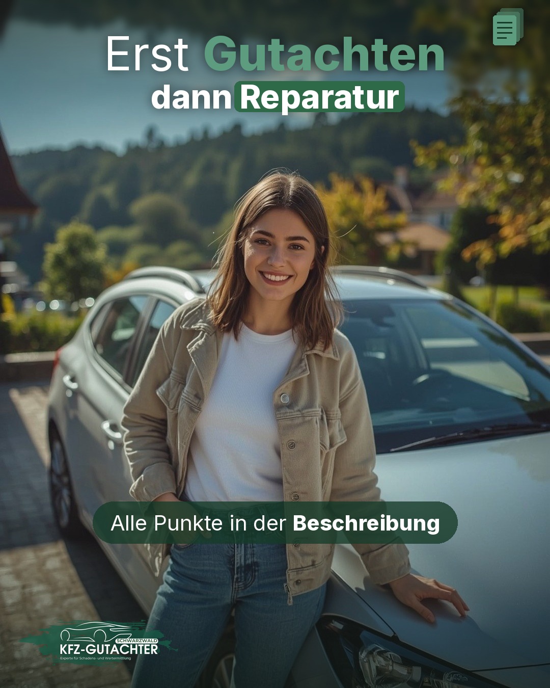 Contentbeitrag: Eine lächelnde Frau zeigt an einem Auto auf eine Delle, darüber der Text „Erst Gutachten, dann Reparatur“