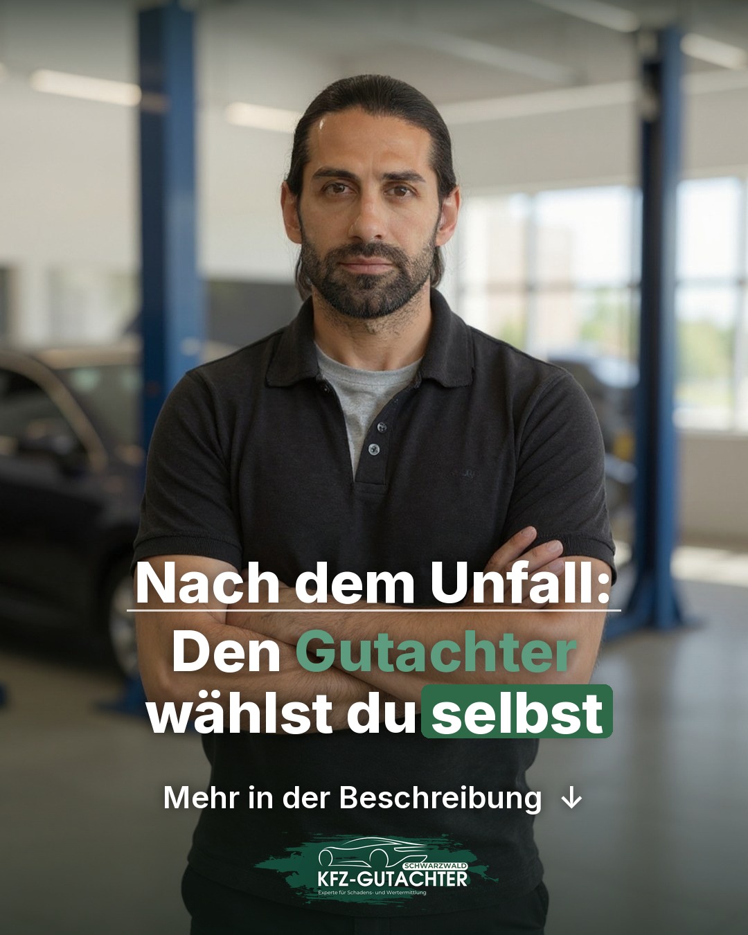 Infografik: Deniz Selbes in einer Kfz-Werkstatt, darüber der Text „Nach dem Unfall: Den Gutachter wählst du selbst“