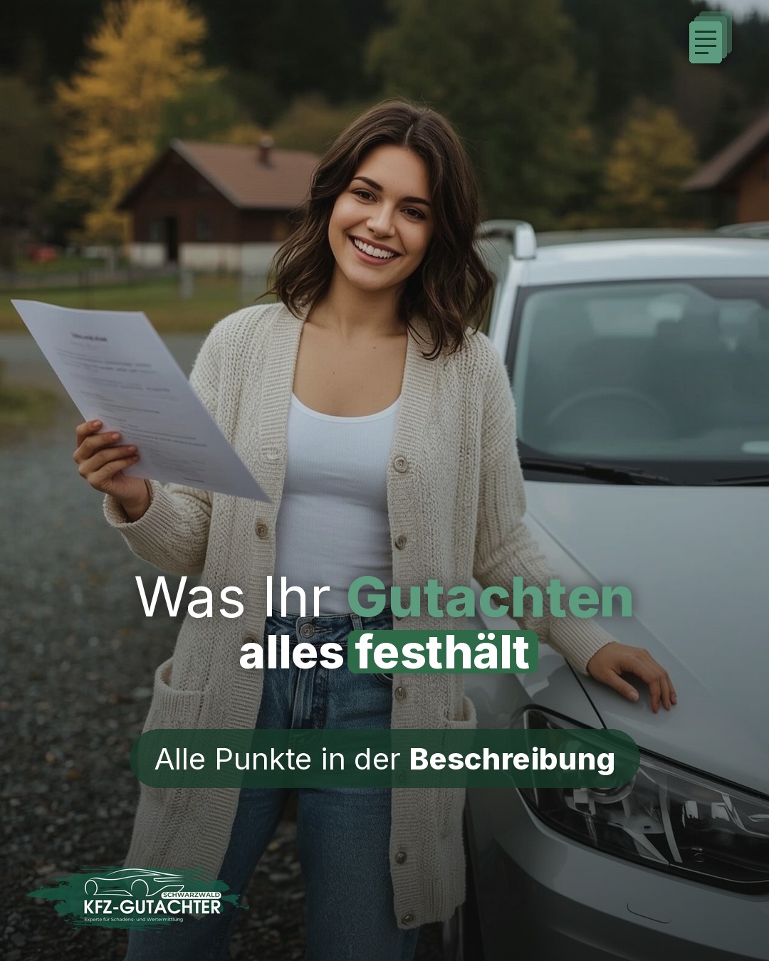 Contentbeitrag: Eine lachende Frau steht mit einem Gutachten in der Hand neben ihrem Auto, darüber der Text „Was Ihr Gutachten alles festhält“