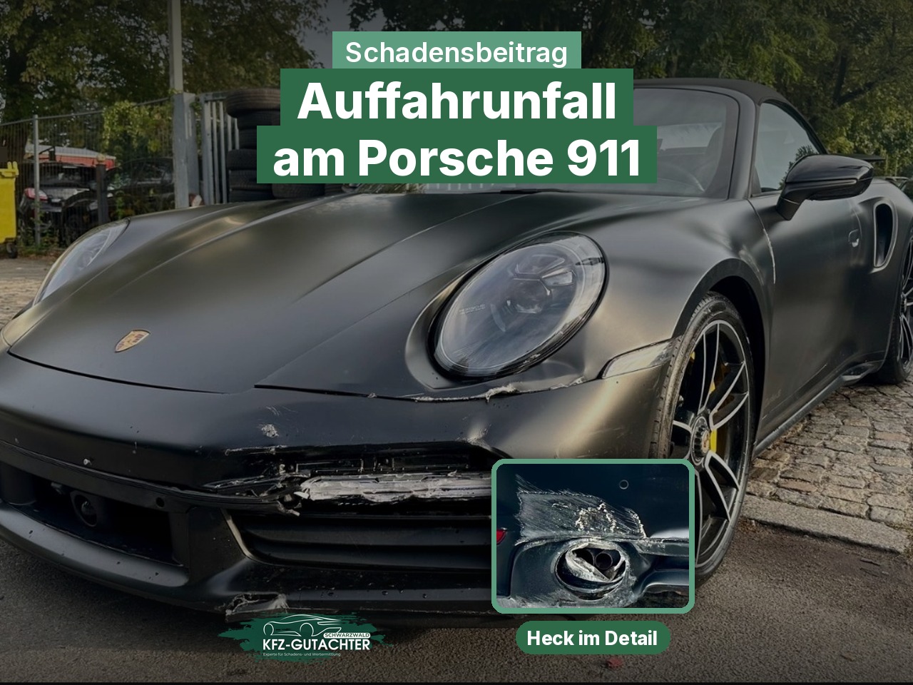Schadensbeitrag: Porsche 911 von vorn mit Frontschaden nach Auffahrunfall, eingeblendet der Heckschaden im Detail