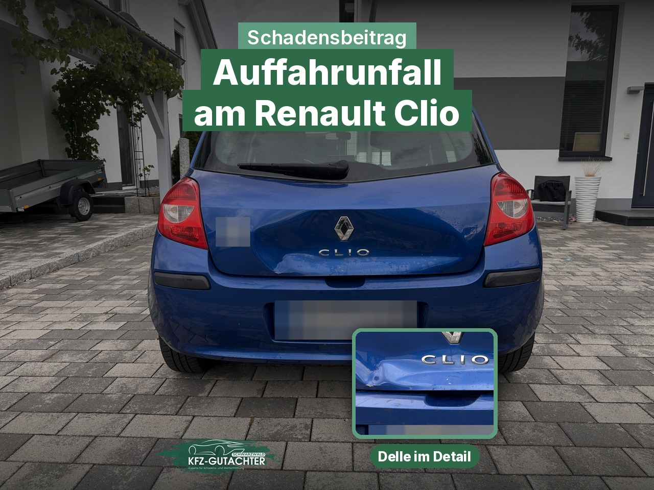 Schadensbeitrag: Renault Clio von hinten nach einem Auffahrunfall, eingeblendet die Delle im Detail